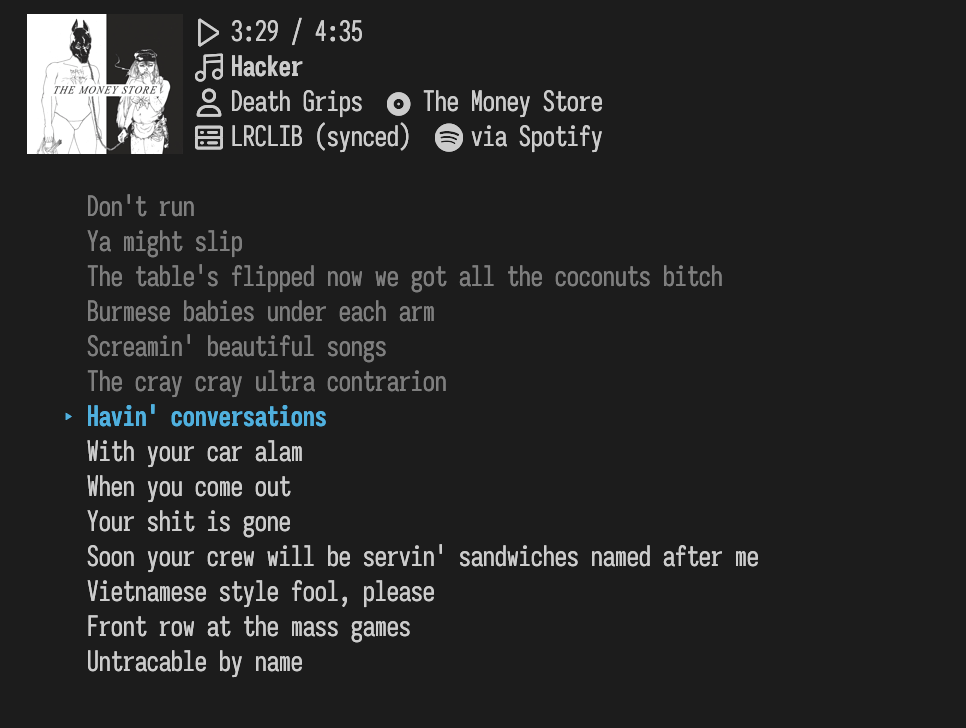 croon in the terminal: album art and the track's position, lyrics source and detection backend in the header, with the current line highlighted in the scrolling lyrics below