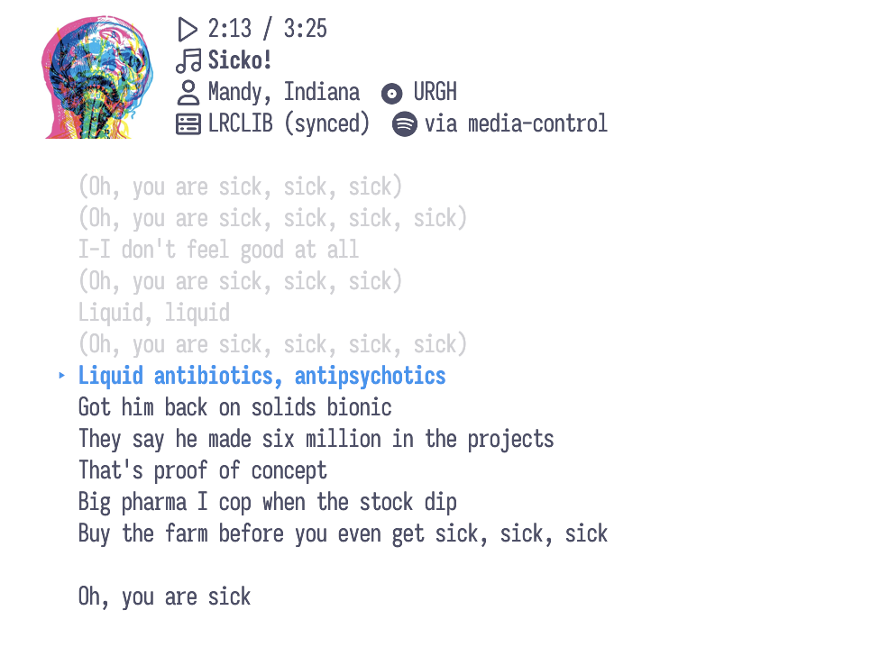 croon in the terminal: album art and the track's position, lyrics source and detection backend in the header, with the current line highlighted in the scrolling lyrics below