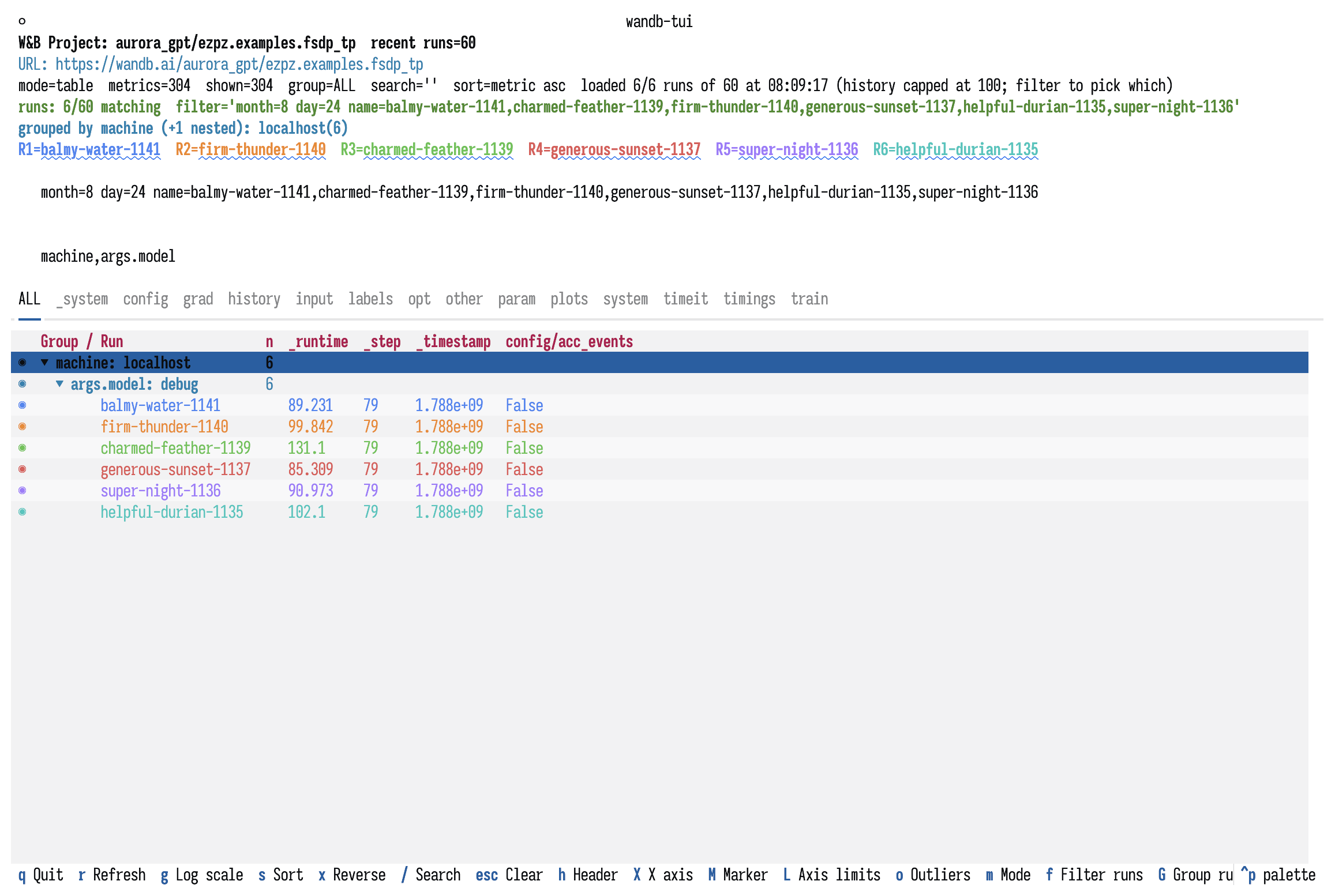 Runs grouped into a collapsible tree by world_size and model flavor